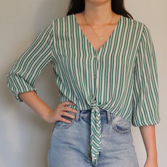 Striped Cropped Tie Up Blouse | 048 - Picture 1 of 4